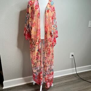 Orange Floral Bohemian Sheer Swimsuit Kimono Cover-Up Long